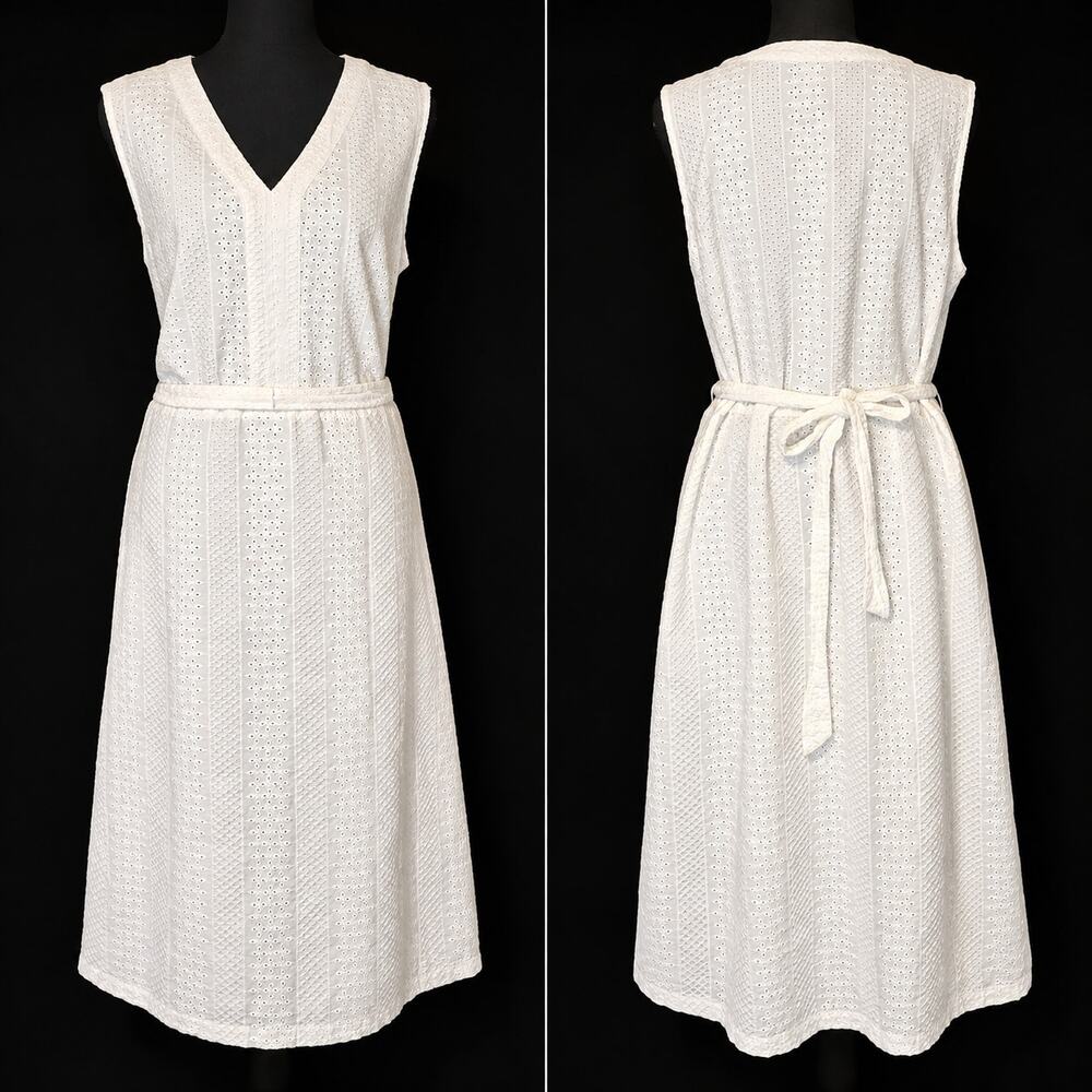 Liz Claiborne White Eyelet Midi Dress Sleeveless V-Neck Tie Waist